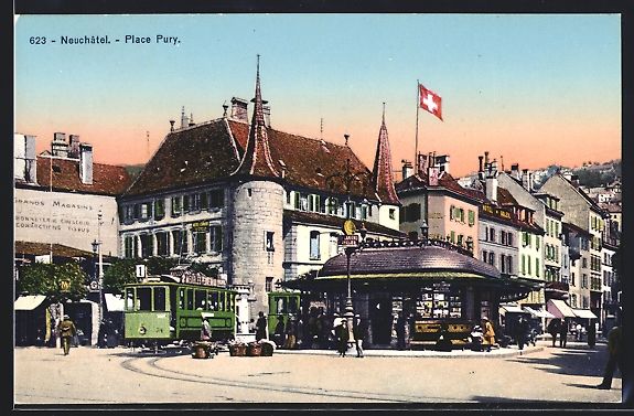 Cartes postales: AK Neuchatel, Place Pury, Strassenbahn – D'occasion à Berlin par bartko-reher