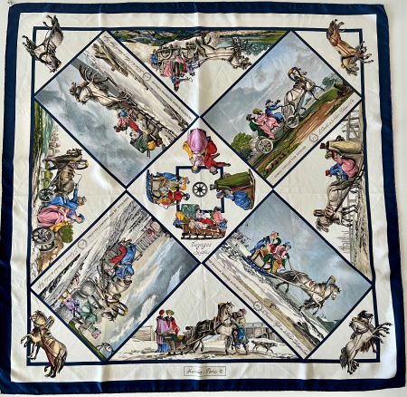 Superbe foulard HERMES-Paris "Voyages Slaves" 1982, avec box