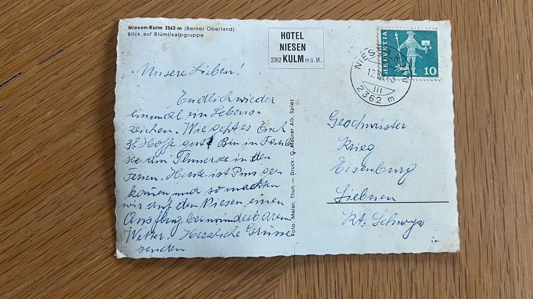 Cartoline postali: Alte Ansichtskarte Niesen-Kulm, Berner Oberland 1963 – Usato da Schübelbach venduto da Dolly990_2 1