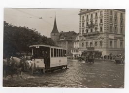 Luzern Hochwasser Pferde Tram 1910 Foto AK