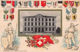 Pfäffikon ZH, Schulhaus Obermatt, Wappen & Figuren geprägt