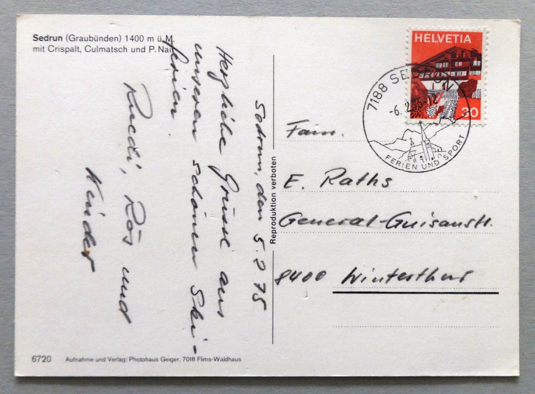 Cartoline postali: Sedrun, 1400 m ü.M., mit Crispalt, Culmatsch – Usato da Fétigny venduto da Billy2miny 1