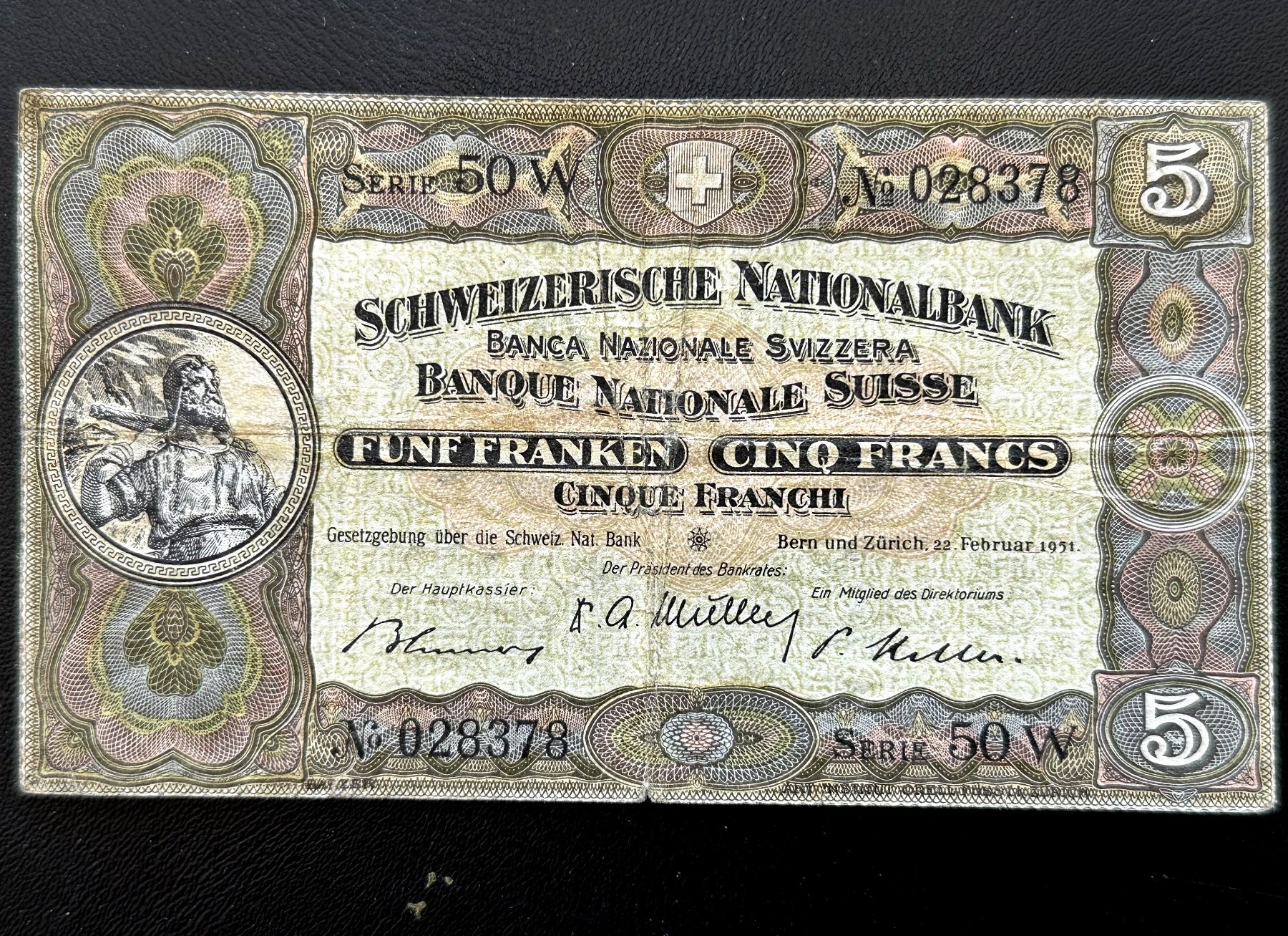 Banconote: 5 Franken Note Schweiz 1951 – Usato da Seltisberg venduto da quadartswiss