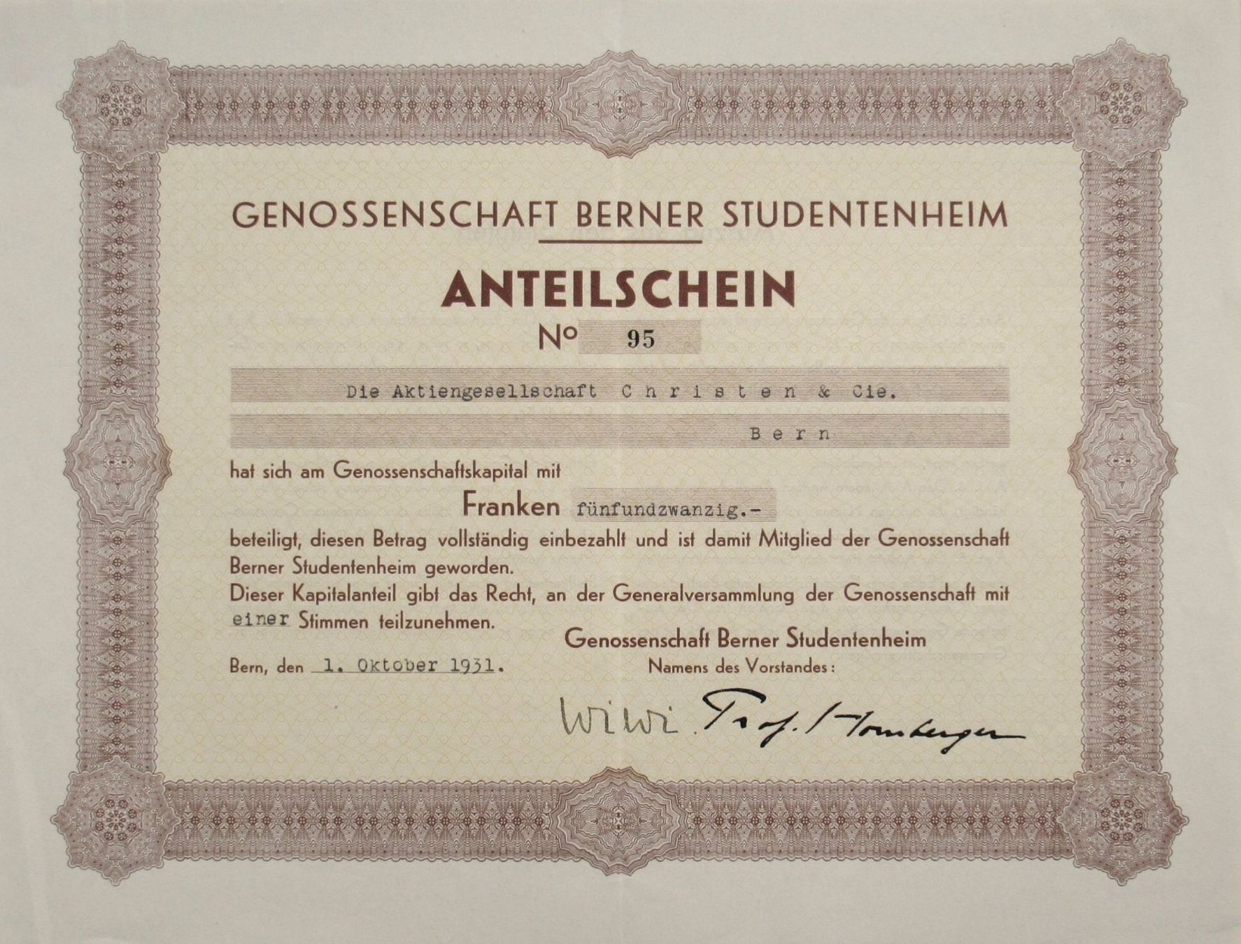 Documenti: original GENOSSESCHAFT BERNER STUDENTENHEIM Bern 1931 – Usato da Lohn-Ammannsegg venduto da rrrikko 1