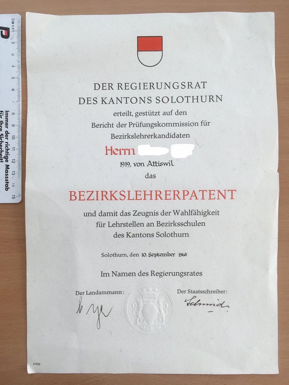 Documenti: Bezirkslehrerpatent des Kantons Solothurn 1965 – Usato da Grenchen venduto da Kogi7