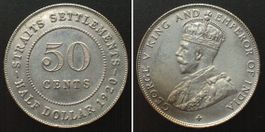 STRAITS SETTLEMENTS 50 Cents 1920 GEORGE V. Silber unz-