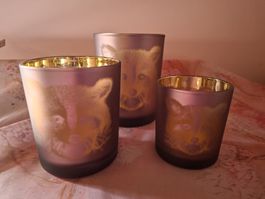 neu: 3 Windlichter Waschbär Glas mattiert violett/goldfarben