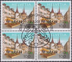 2011, Nr.1381 (Neuchâtel) Viererblock mit Ersttags-Stempel.