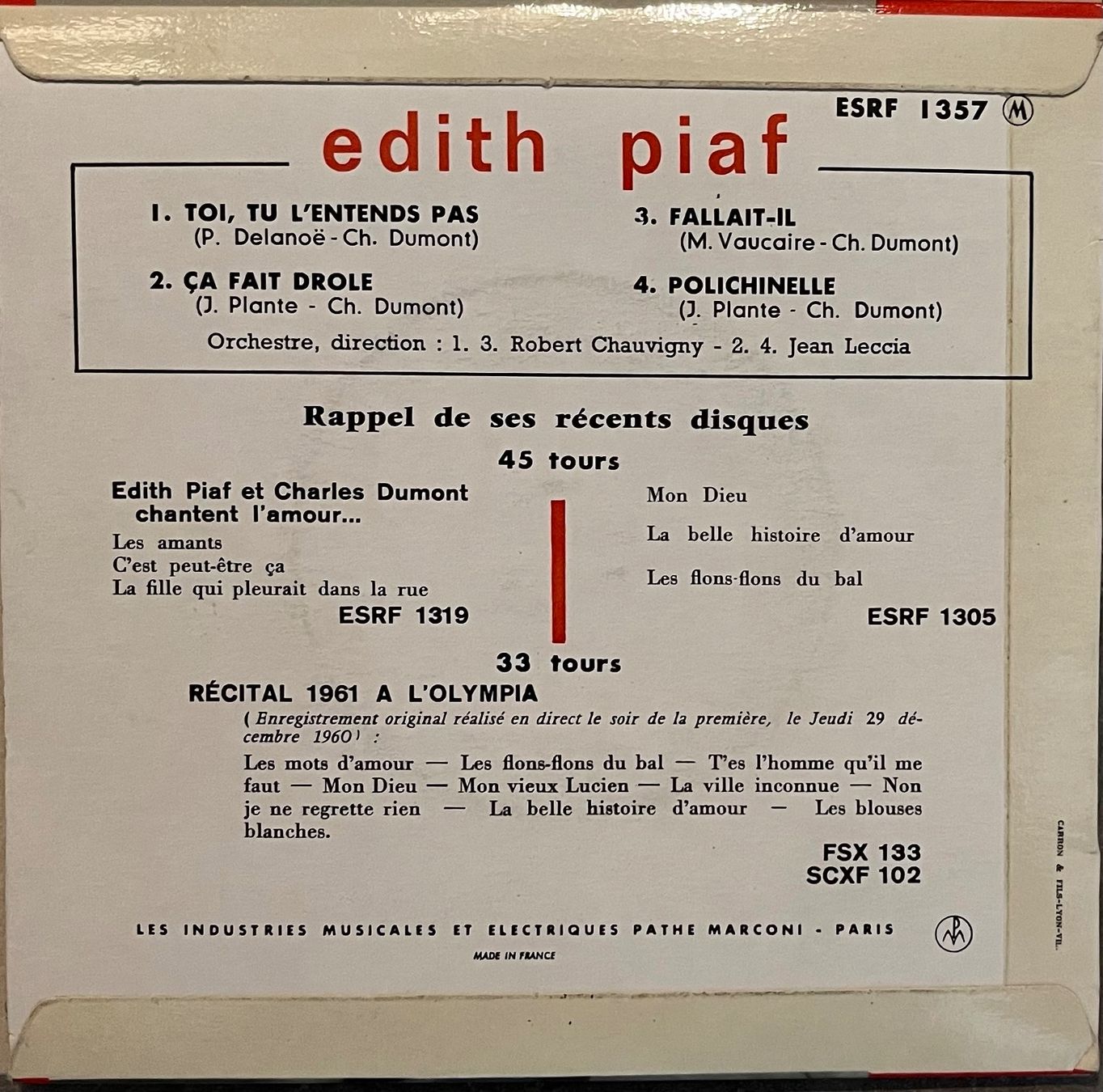 Dischi in vinile: EDITH PIAF - TOI, TU L'ENTENDS PAS – Usato da Bussigny venduto da vinyl-pas-cher 1