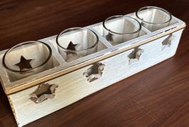 Teelichthalter Holz 4 Glas Einsätze Sterne, hellblau