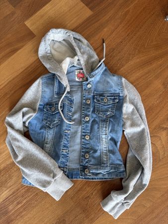 Jeansjacke Miss Two mit Kapuze blau grau Grösse XS 36