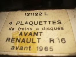 Renault 16 oldtimer trois jeux de plaquettes de freins