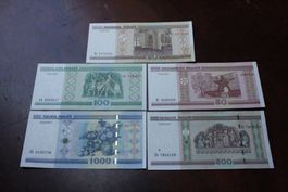 UNC Bielorussie 20/50/100/50/1 000 rublei serie 2000