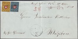 1851, Buntfrankatur 16II+15II: HINWIL nach WETZIKON, 2000.-+