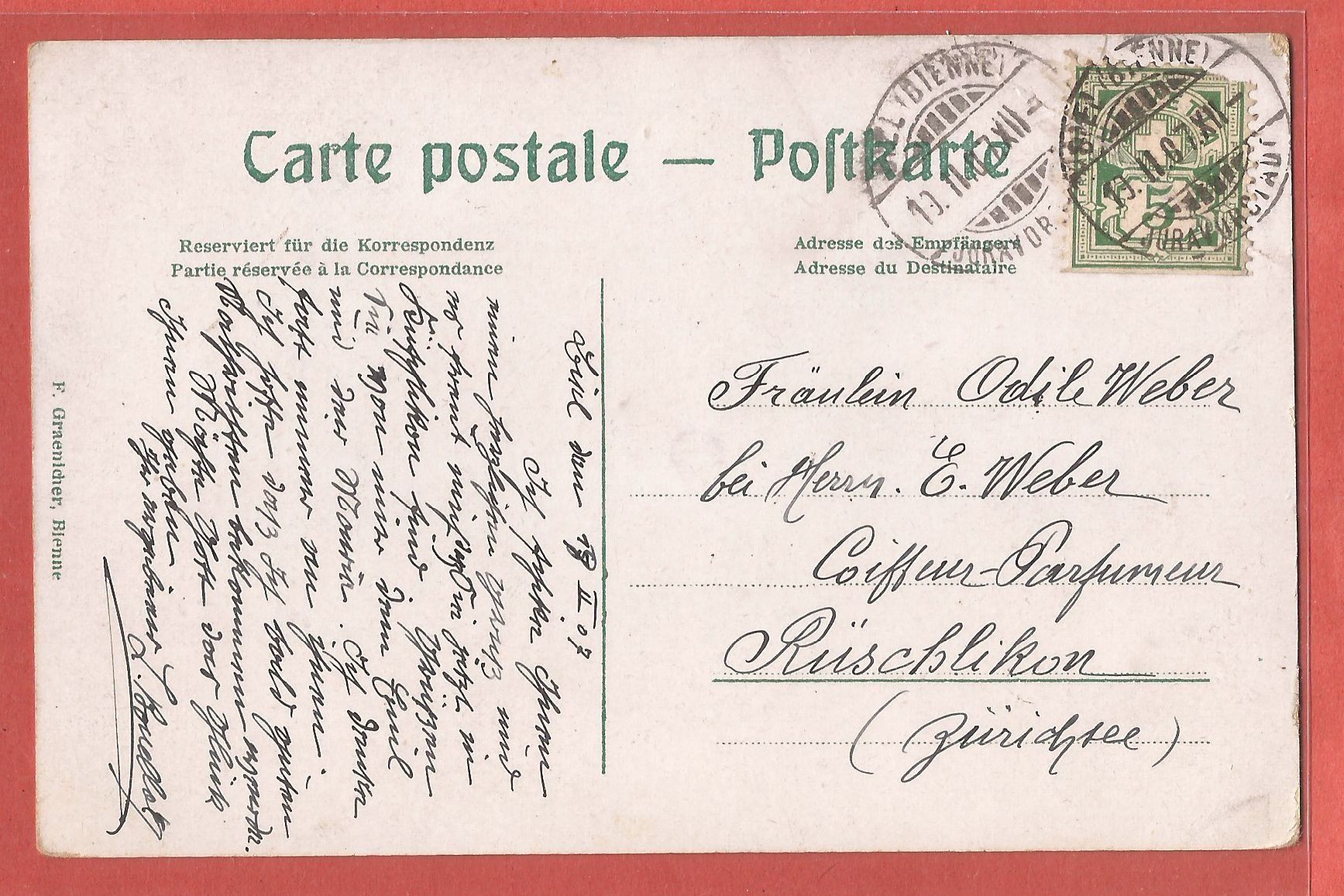 Cartoline postali: Biel - Unteres Quai mit Tram - 1907 – Usato da Fislisbach venduto da Porano 1