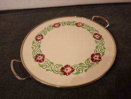 Torten-Platte Keramik mit Blumenmuster Metall guter Zustand