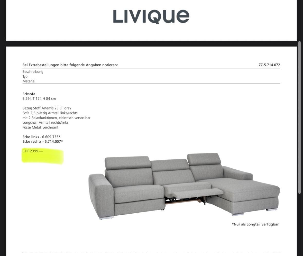 Livique Sofas: Ecksofa Dario Grau mit Relaxfunktion – D'occasion à Fehraltorf par Sofalab.swiss 9