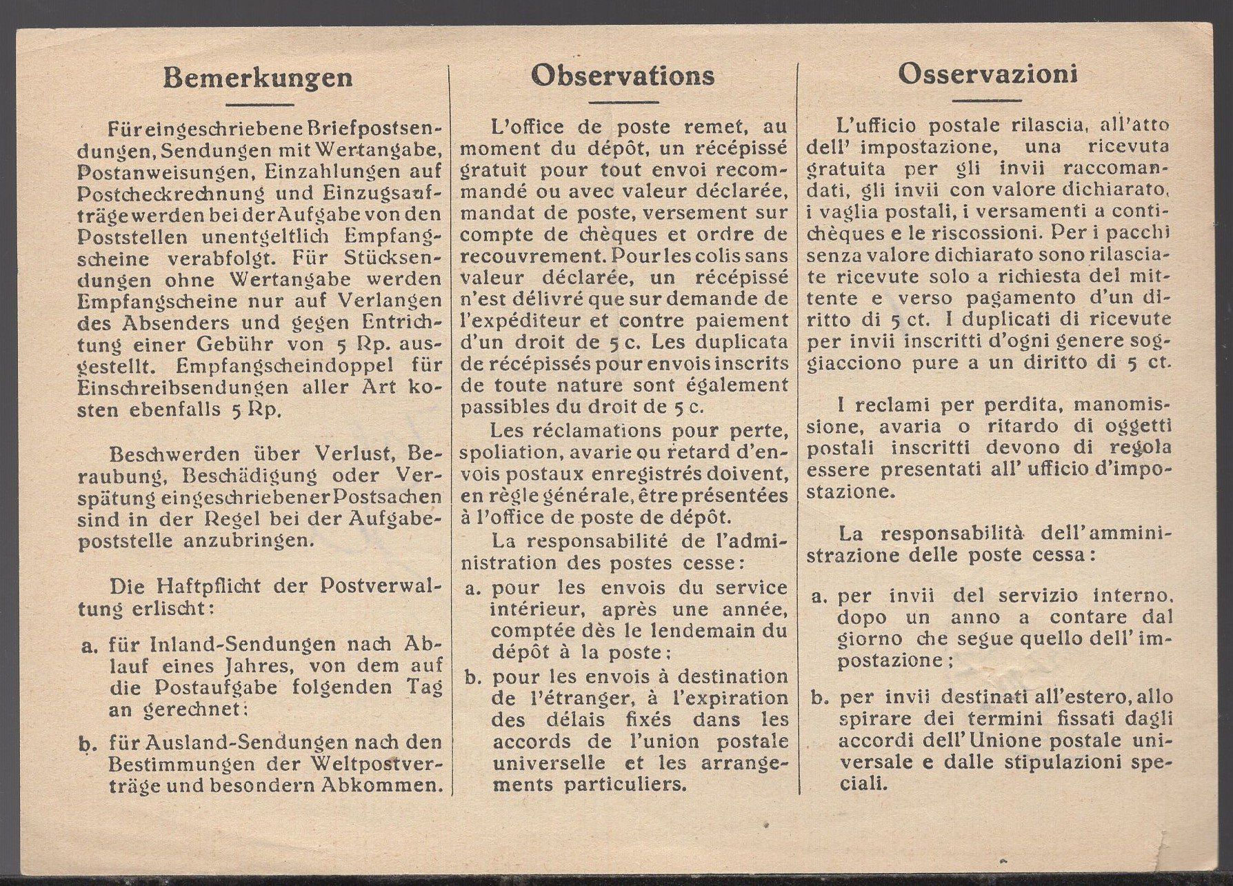 Tutti i francobolli: SCHAAN, 25.VII.45  Empfangsschein – Usato da Aarau venduto da kufi44 2