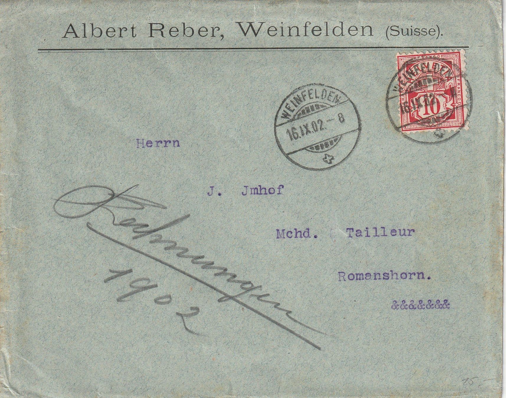 Tutti i francobolli: TG, Brief Weinfelden - 1902 – Usato da uttwil venduto da Koehlerfred