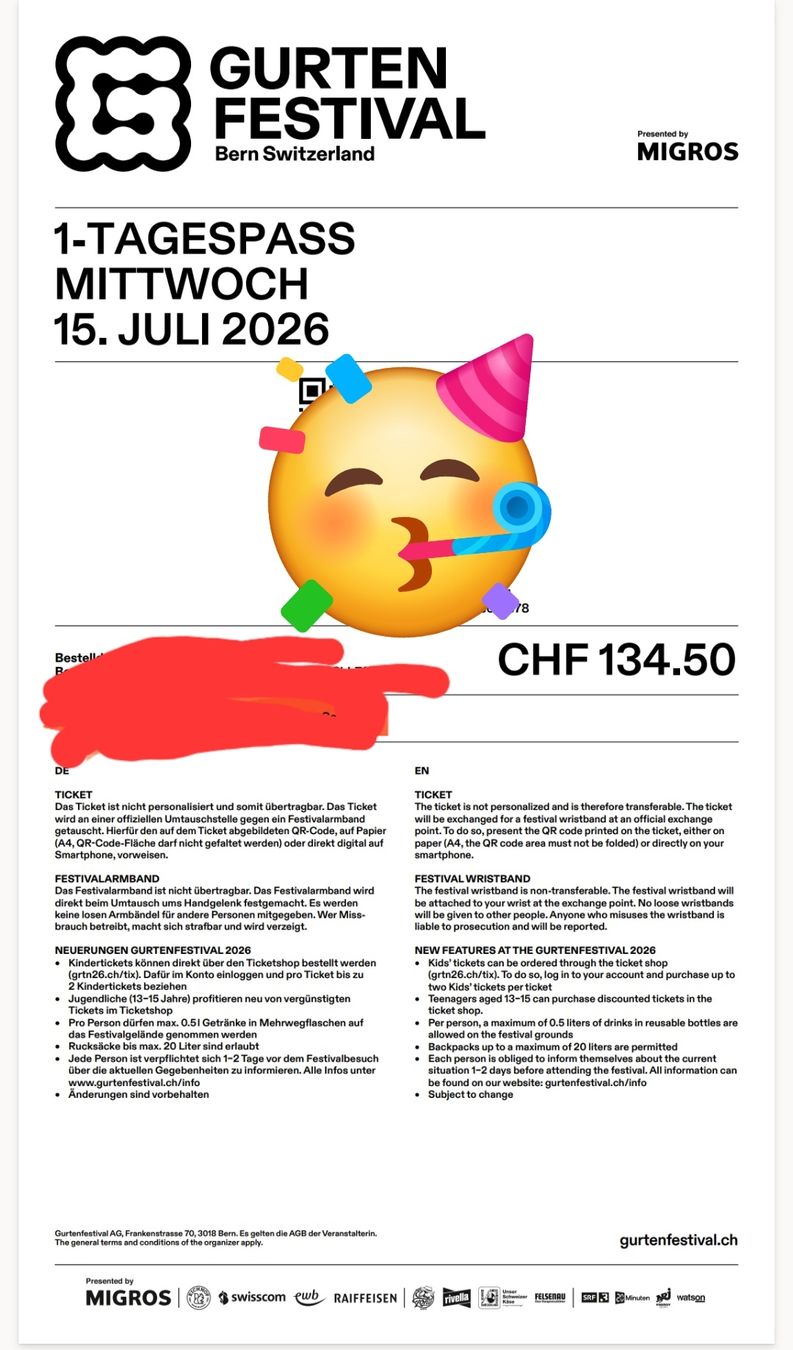Tickets: Gurten Mittwoch 1 Tagespass – Neu und originalverpackt aus Bern von Belverdere21