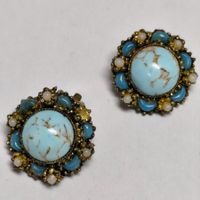 Vintage Clips Ohrringe Türkis Glas Filigran Gold #Z1