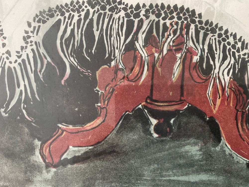 Lithographie von Geo Bretscher 1986. Katze auf Tisch 9