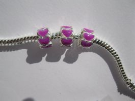 3 Metallperlen, Beads, Herz, violett emailliert