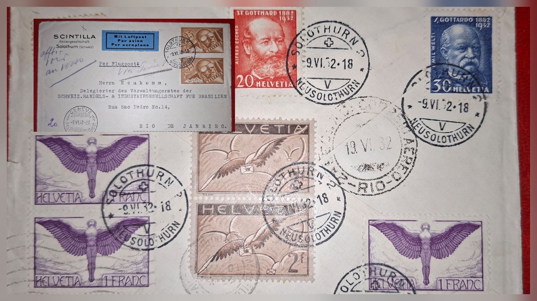 Tutti i francobolli: Flugpostbrief  Solothurn - Rio de Janero Kat. 910.- – Usato da Balgach venduto da SIMEON27