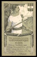 Lithographie Basel, Turnfest 1911, Speerwerfer und Wappen