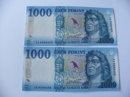 Hungary 2x1000 forint 2021, Bankfrisch, Fortlaufende Nummern