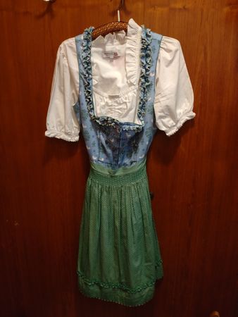 Dirndl Blau/Grün gemustert mit Bluse und Schürze GR 40