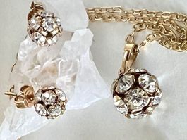 Vintage SchmuckSet vergoldet Strasskugeln–Kette & Ohrstecker