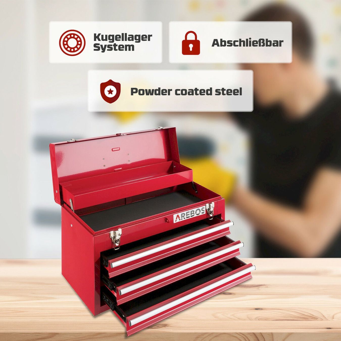Tutti gli attrezzi: AREBOS Werkzeugkoffer 3 Schubfächer Rot – Nuovo e nell'imballaggio originale da Bottighofen venduto da zaap 3