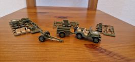 Micro jeep vert avec remorque et obusier imprimé en 3D