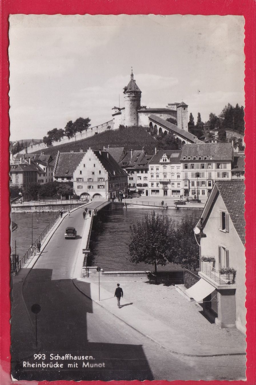 Cartoline postali: SCHAFFHAUSEN, RHEINBRÜCKE MIT MUNOT, 14.9.1943 – Usato da Oberrieden venduto da Gebirgsstelze