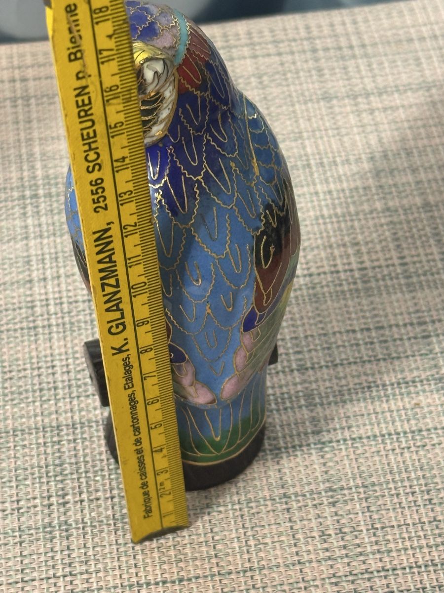 Statuette: Cloisonné Eule auf Holzsockel, China, 17 cm – Usato da Grenchen venduto da swiss.antiques 6