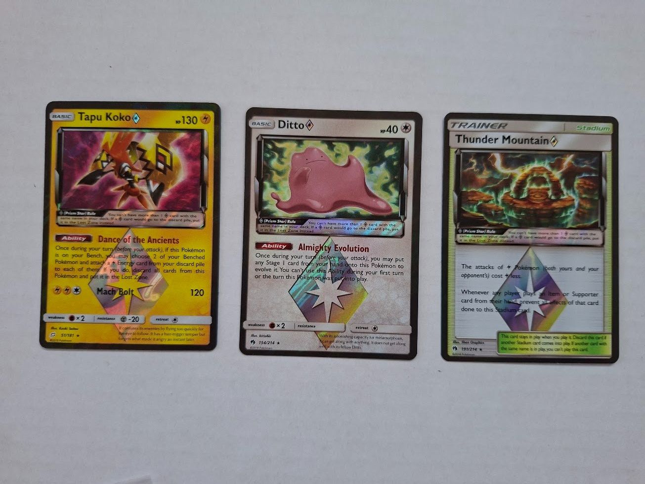 Pokémon Sammelbilder & Trading cards: Ditto Prism Star / Tapu Koko Prism Star / Thunder Mountain – Gebraucht aus Degersheim von Fjeda