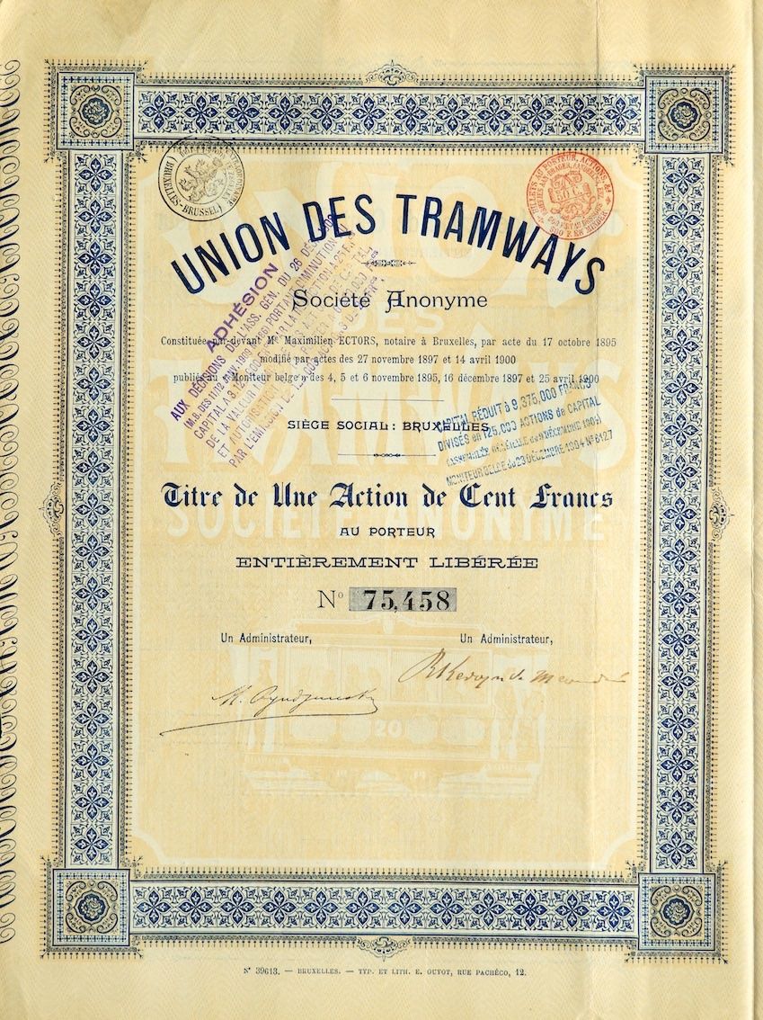 Documenti: Union des Tramways SA, Bruxelles - 1900 – Usato da Solothurn venduto da Sgasche