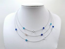 Damenhalskette Würfelkette Glasperlen Blau Türkis und Clear