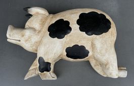 Grosses Schwein aus Holz schwarze Flecken Dekoration Tier