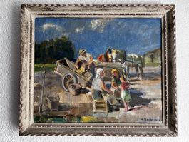 Oelgemaelde H. Bandi 1952 Bauernszene mit Rahmen
