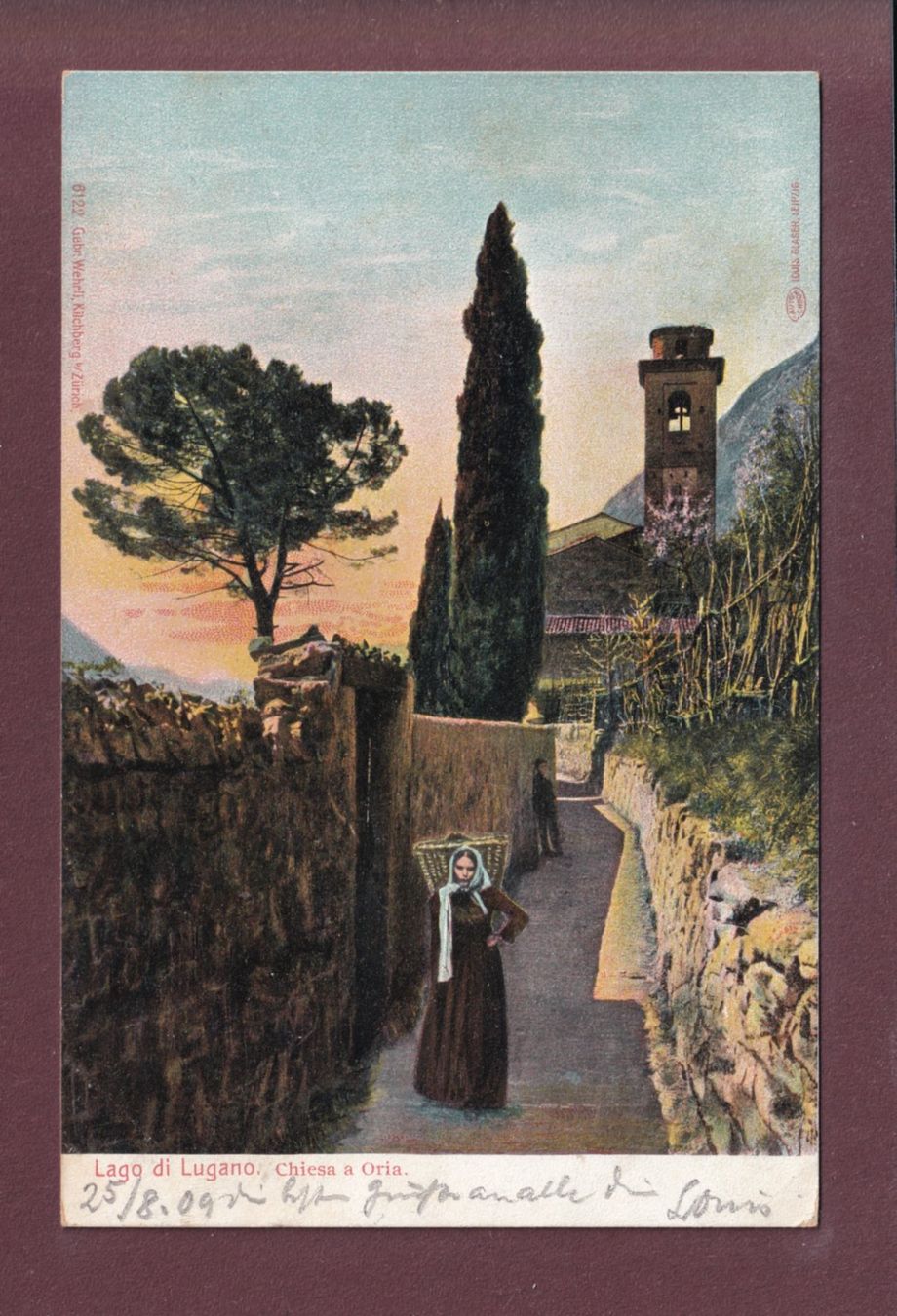 Cartoline postali: Chiesa a ORIA - Vicolo - 1909 – Usato da Pully venduto da nicecards