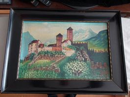lackierter Rahmen mit Bellinzona Oelbild Leinen a/Karton sig