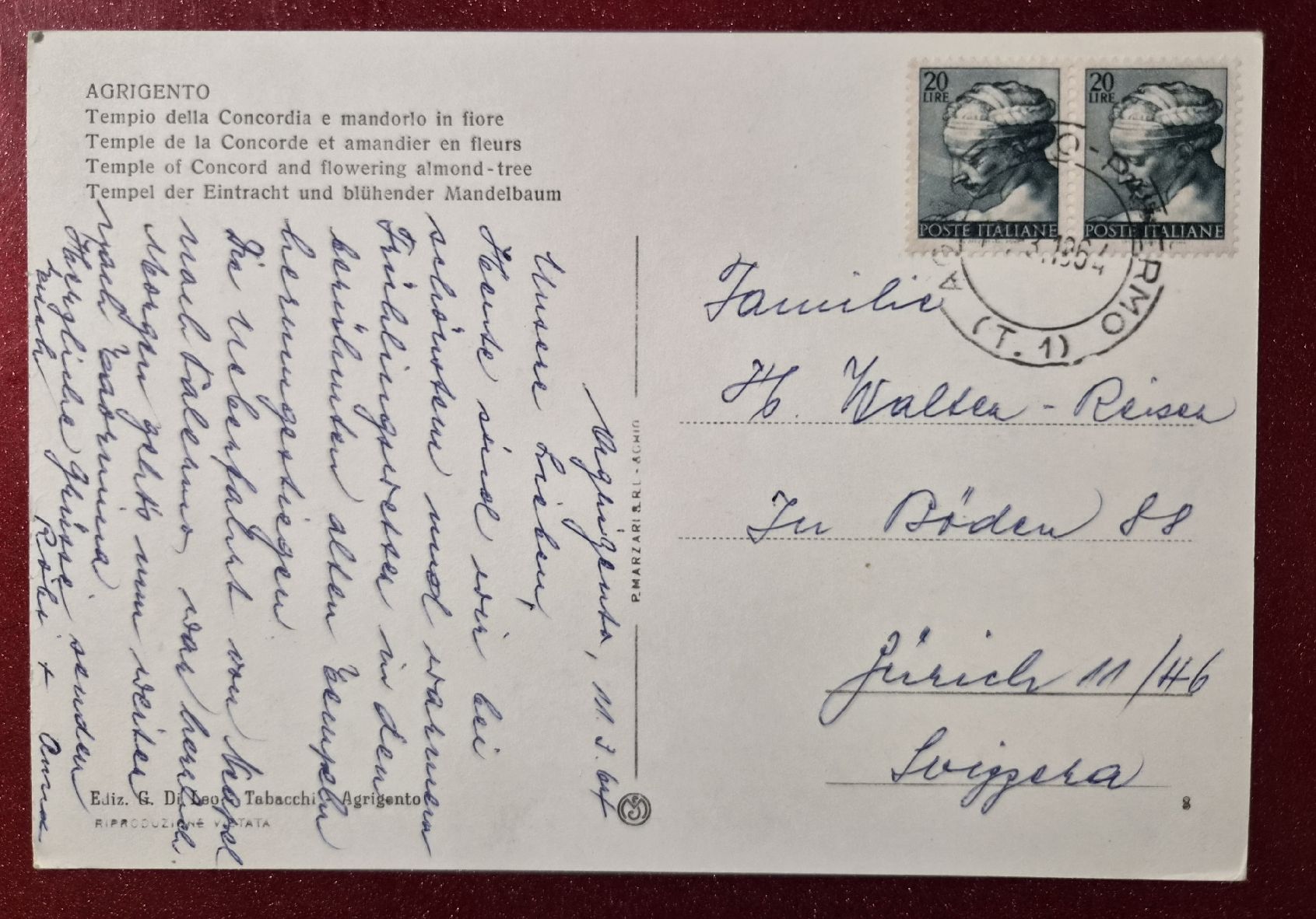 Cartes postales: Agrigento Tempel der Eintracht 1964 – D'occasion à Melchnau par Fishel 1