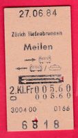 KARTON BILLETT,ZÜRICH TIEFENBRUNNEN - MEILEN,2.KLASSE,RETOUR