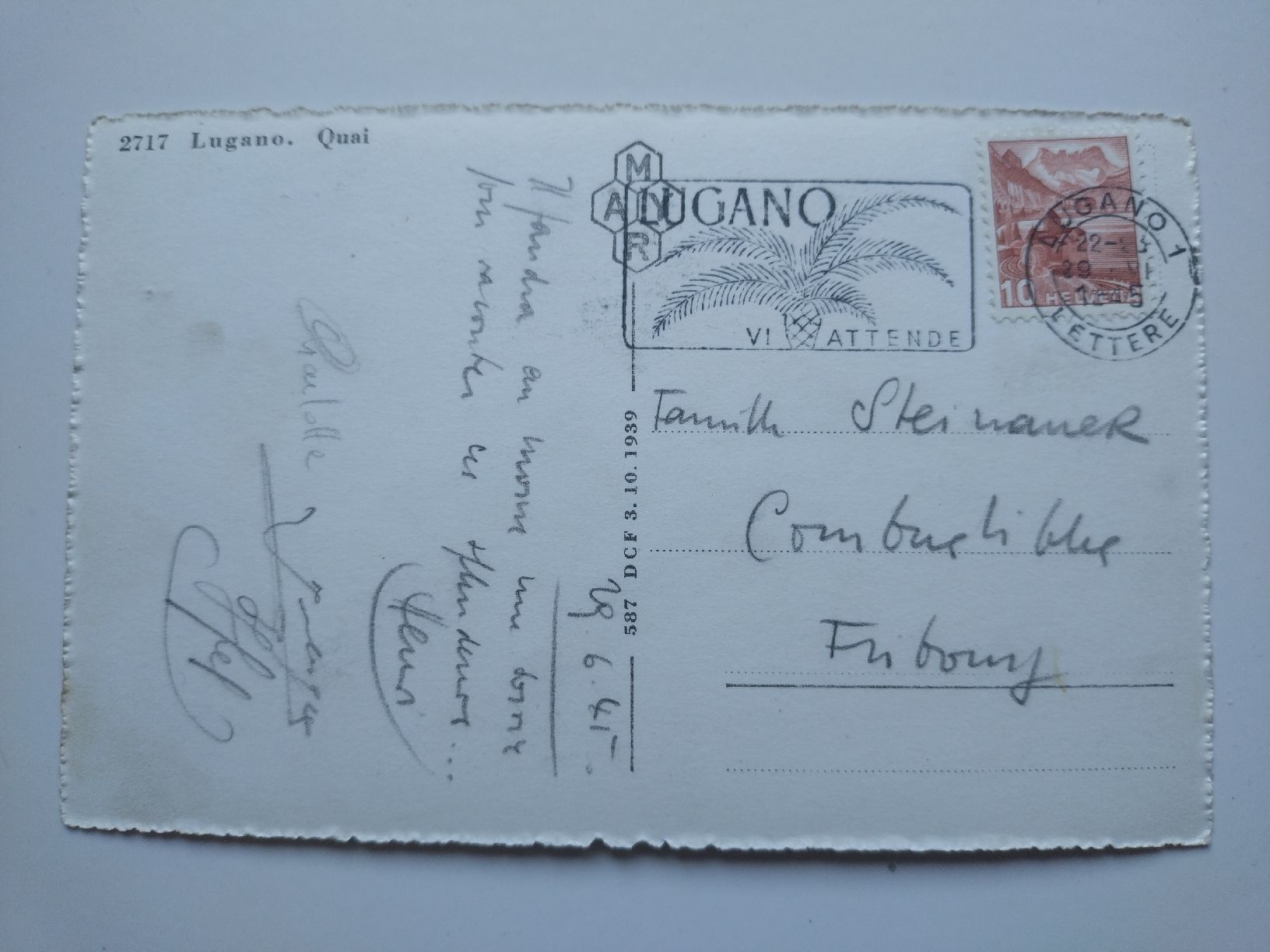 Cartoline postali: Carte postale Lugano Quai 1939  – Usato da Farvagny-le-Grand venduto da LaCaverne 1