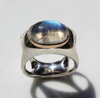 Regenbogen Mondstein Ring Silber & 18K Gold Unikat