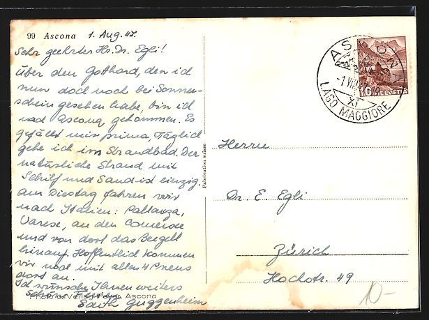 Cartoline postali: AK Ascona, Blick auf die Ortschaft, 1947 – Usato da Berlin venduto da bartko-reher 1