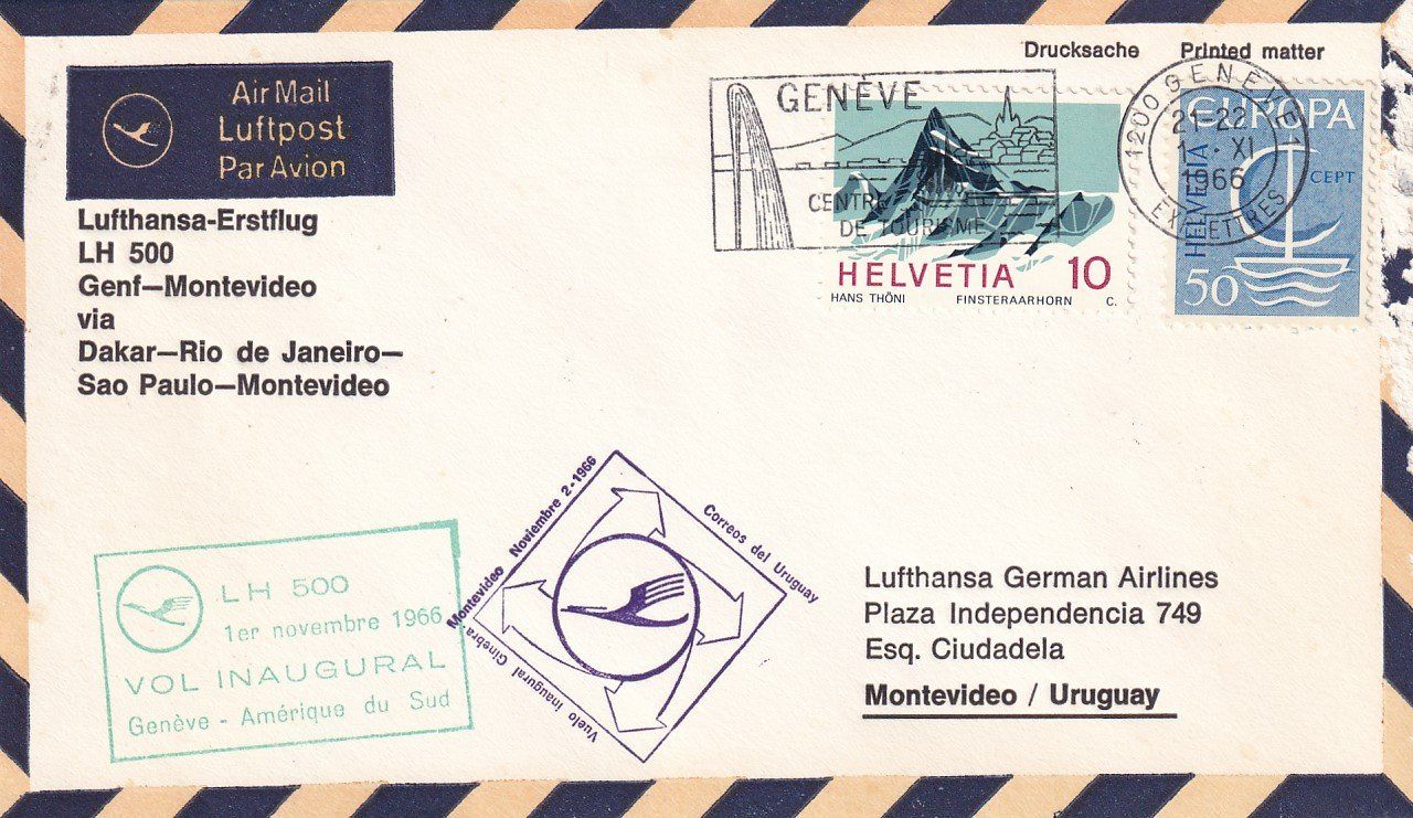 Tous les timbres: Erstflug Lufthansa Genf - Montevideo 1966 – D'occasion à Baar par Asmara111