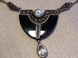 Art Déco Silber/Blauer Saphir/Onyx/Markasiten Halskette
